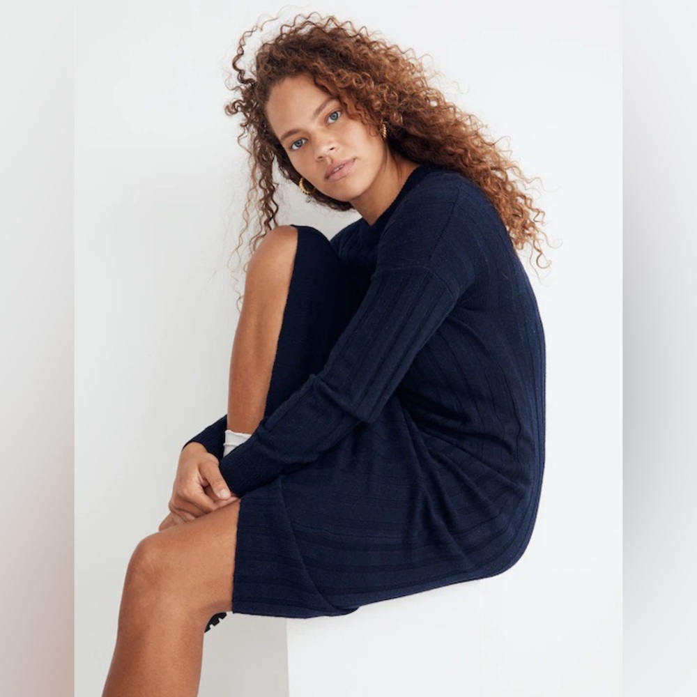 New Madewell Sz XL Re)sourced Ribbed Midi Sweater Dress NAVY - Picture 3 of 8